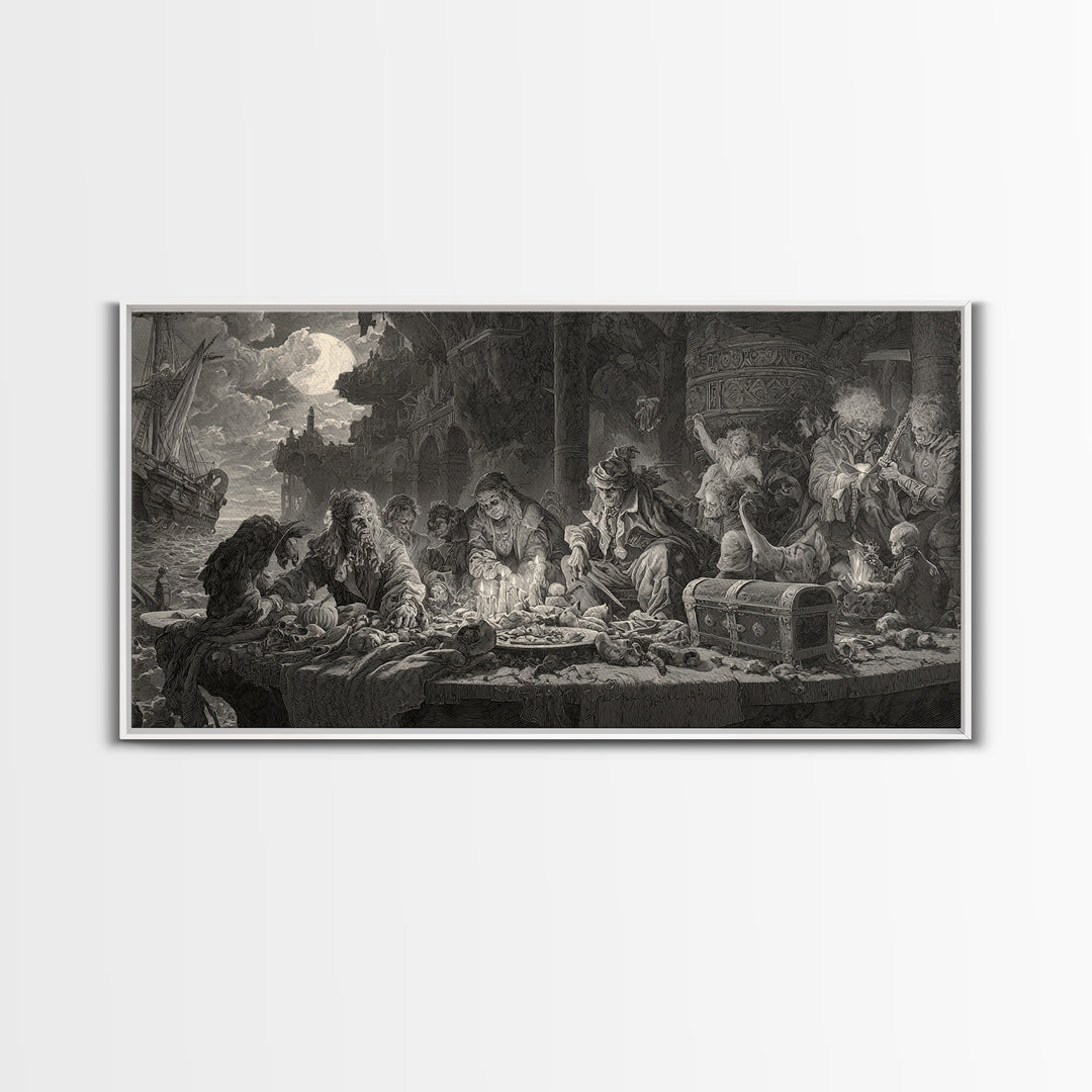 The Ghost Pirate Picnic, Architectural Etching Art, Wide Panoramic Art, Dark Halloween Decor, Framed Canvas Print
