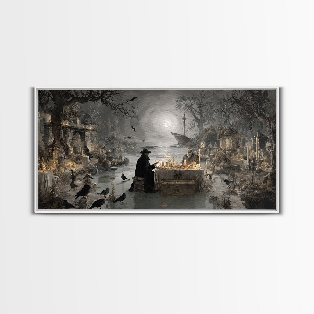 The Ghost Pirate Picnic, Romantic Gothic Landscape, Wide Panoramic Art, Macabre Wall Art, Framed Canvas Print, Halloween Wall Art