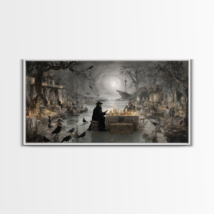 The Ghost Pirate Picnic, Romantic Gothic Landscape, Wide Panoramic Art, Macabre Wall Art, Framed Canvas Print, Halloween Wall Art
