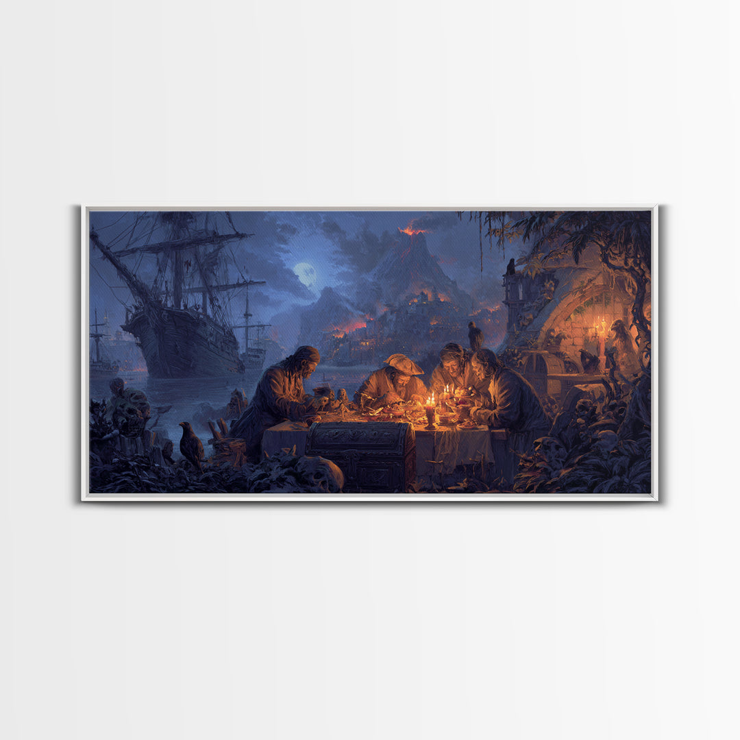The Ghost Pirate Picnic, Apocalyptic Romantic Art, Wide Panoramic Art, Macabre Wall Art, Framed Canvas Print, Halloween Wall Art