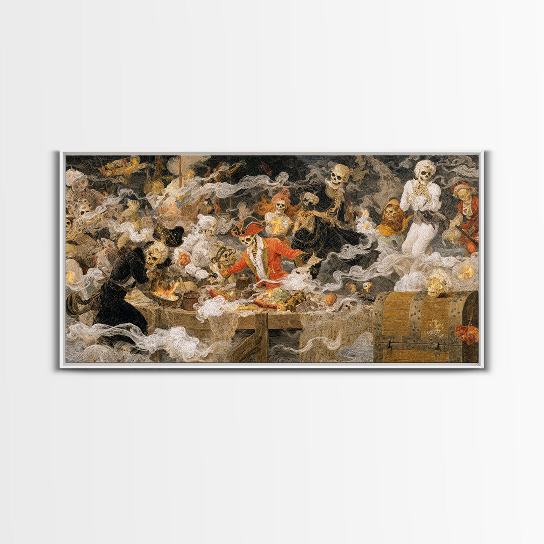 The Ghost Pirate Picnic, Grotesque Carnival Art, Wide Panoramic Art, Dark Fantasy Wall Art, Framed Canvas Print, Halloween Wall Art