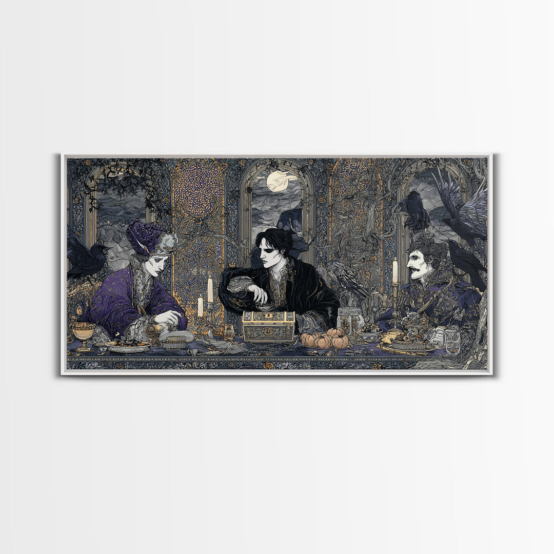 The Ghost Pirate Picnic, Stained Glass Gothic Art, Wide Panoramic Art, Dark Halloween Decor, Framed Canvas Print, Halloween Wall Art