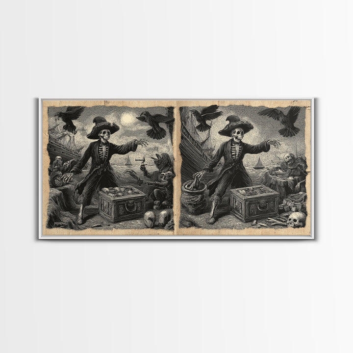 The Ghost Pirate Picnic, Macabre Folk Print Art, Wide Panoramic Art, Dark Fantasy Wall Art, Framed Canvas Print, Halloween Decor