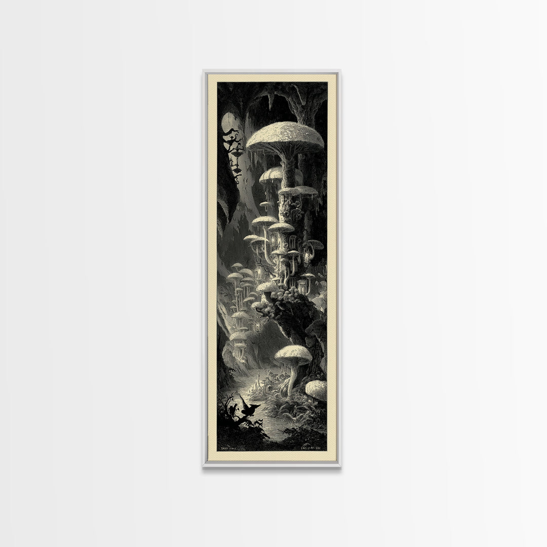 The Moonlit Mushroom Village, Gothic Engraving Art, Tall Narrow Wall Art, Macabre Wall Art, Canvas Print, Halloween Wall Art