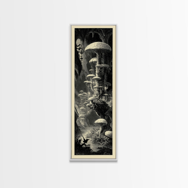The Moonlit Mushroom Village, Gothic Engraving Art, Tall Narrow Wall Art, Macabre Wall Art, Canvas Print, Halloween Wall Art