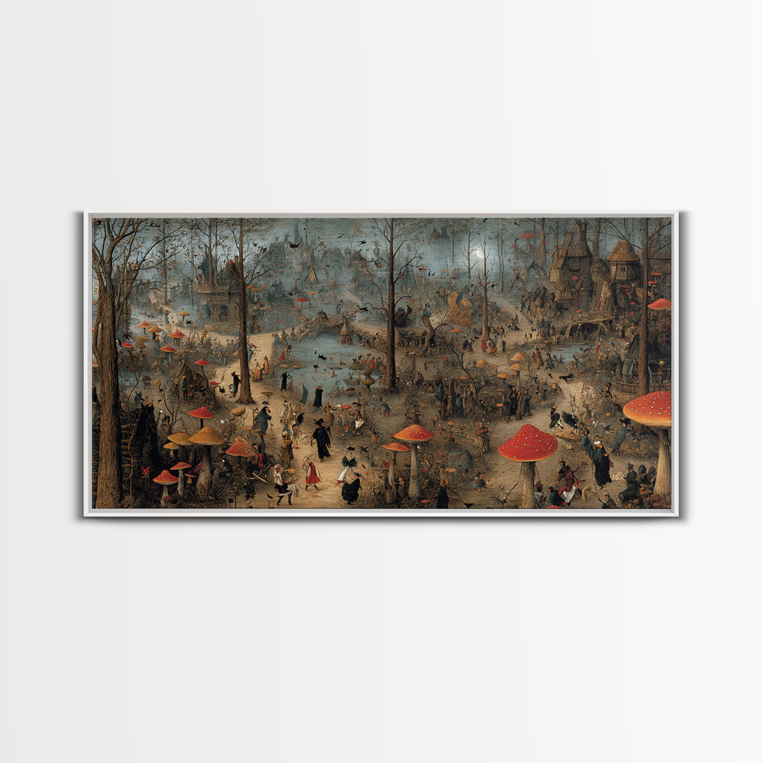 The Moonlit Mushroom Village, Northern Renaissance Horror, Wide Panoramic Art, Macabre Wall Art, Canvas Print, Halloween Wall Art