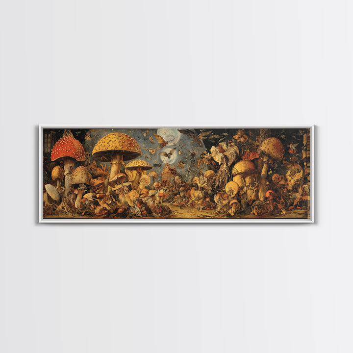 The Moonlit Mushroom Village, Dark Renaissance Art, Extra Wide Wall Art, Dark Fantasy Wall Art, Framed Canvas Print