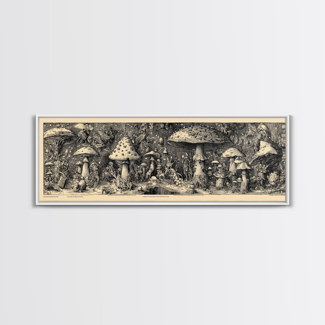The Moonlit Mushroom Village, Renaissance Engraving Art, Extra Wide Wall Art, Dark Halloween Decor, Framed Canvas Print, Macabre Wall Art