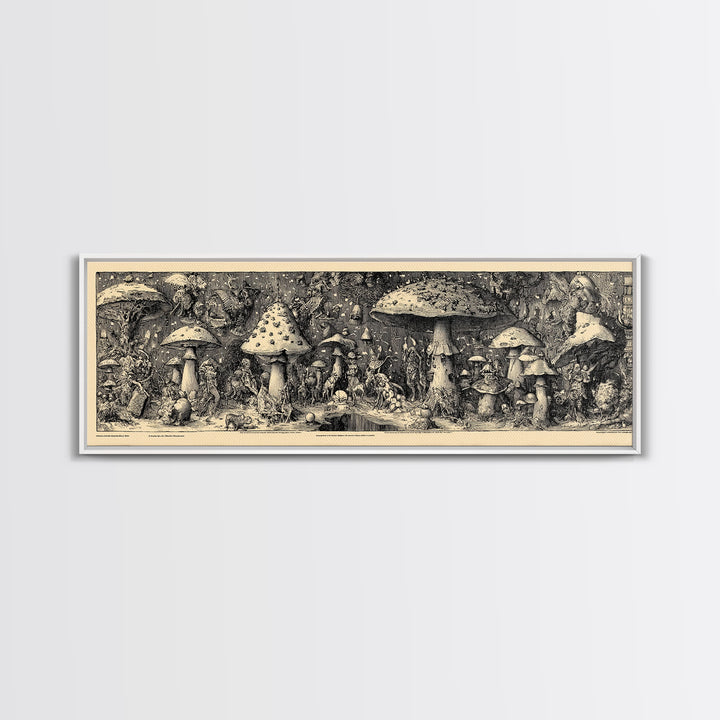 The Moonlit Mushroom Village, Renaissance Engraving Art, Extra Wide Wall Art, Dark Halloween Decor, Framed Canvas Print, Macabre Wall Art