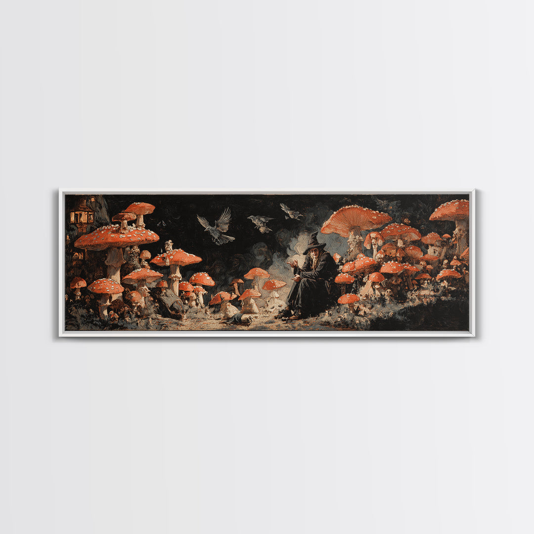 The Moonlit Mushroom Village, Dark Romantic Horror Art, Extra Wide Wall Art, Dark Fantasy Wall Art, Canvas Print, Halloween Wall Art