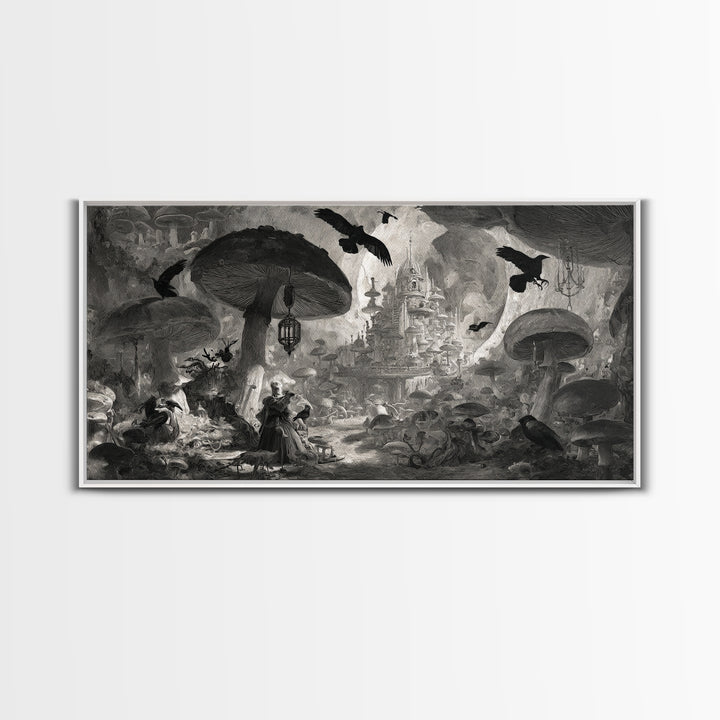 The Moonlit Mushroom Village, Architectural Etching Art, Wide Panoramic Art, Gothic Horror Wall Art, Canvas Print