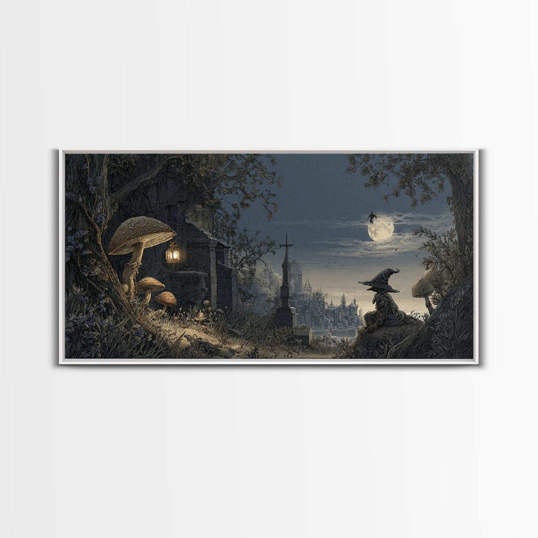 The Moonlit Mushroom Village, Romantic Gothic Landscape, Wide Panoramic Art, Dark Fantasy Wall Art, Canvas Print, Dark Fantasy Art