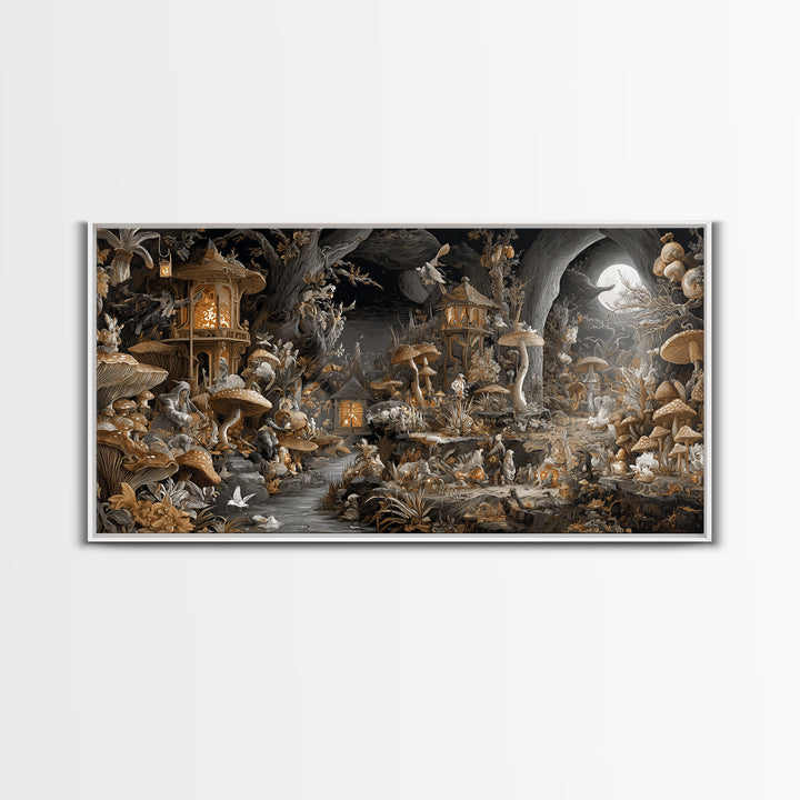 The Moonlit Mushroom Village, Apocalyptic Romantic Art, Wide Panoramic Art, Dark Fantasy Wall Art, Canvas Print, Halloween Wall Art