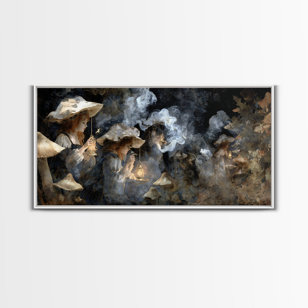The Moonlit Mushroom Village, Symbolist Gothic Landscape, Wide Panoramic Art, Dark Fantasy Wall Art, Canvas Print, Halloween Wall Art