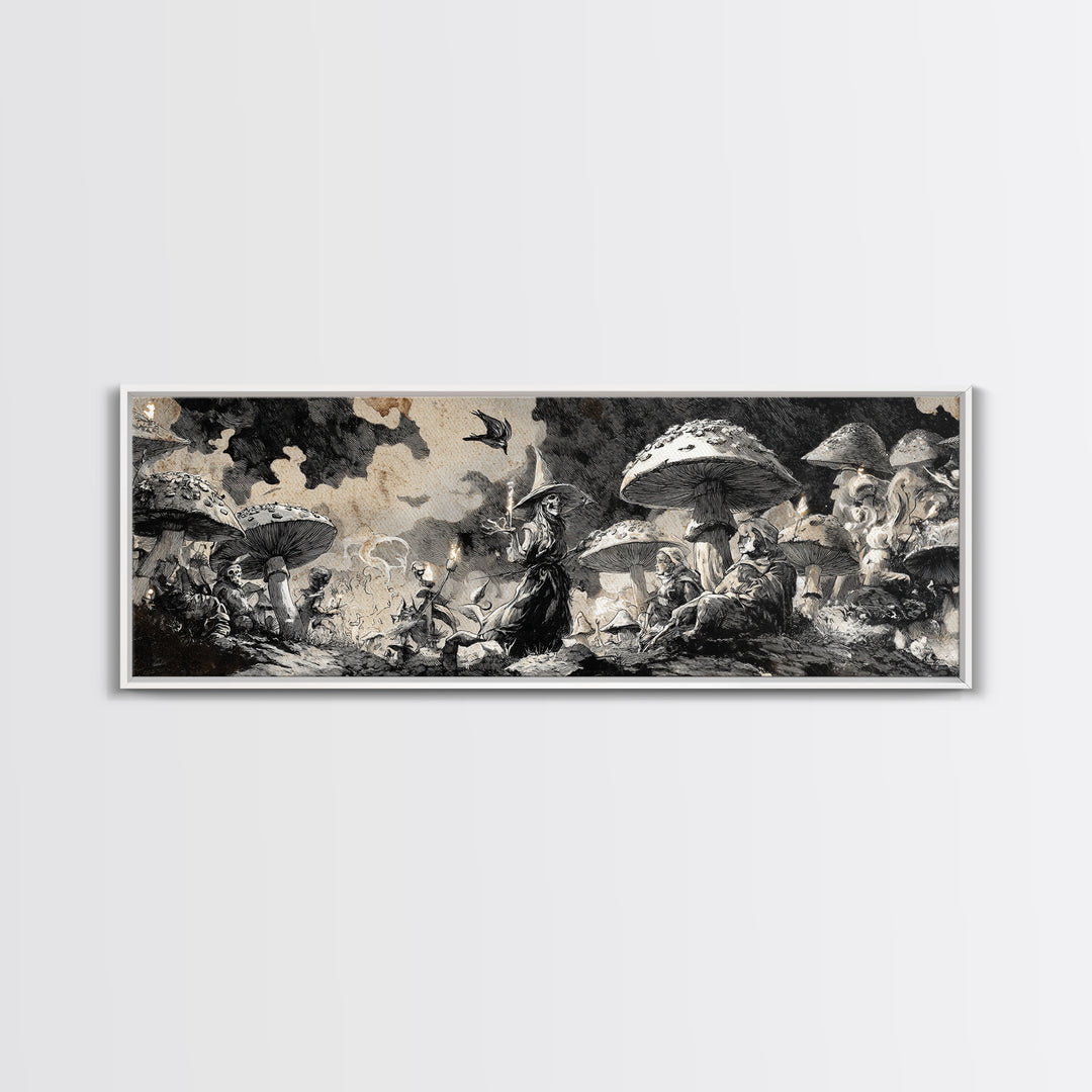 The Moonlit Mushroom Village, Decadent Gothic Art, Extra Wide Wall Art, Dark Halloween Decor, Framed Canvas Print, Halloween Wall Art