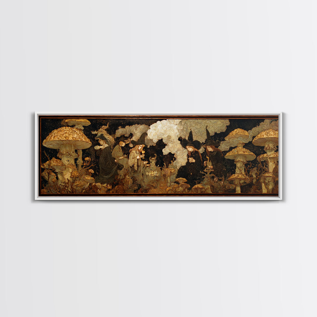 The Moonlit Mushroom Village, Dark Symbolist Art, Extra Wide Wall Art, Gothic Horror Wall Art, Canvas Print, Halloween Wall Art