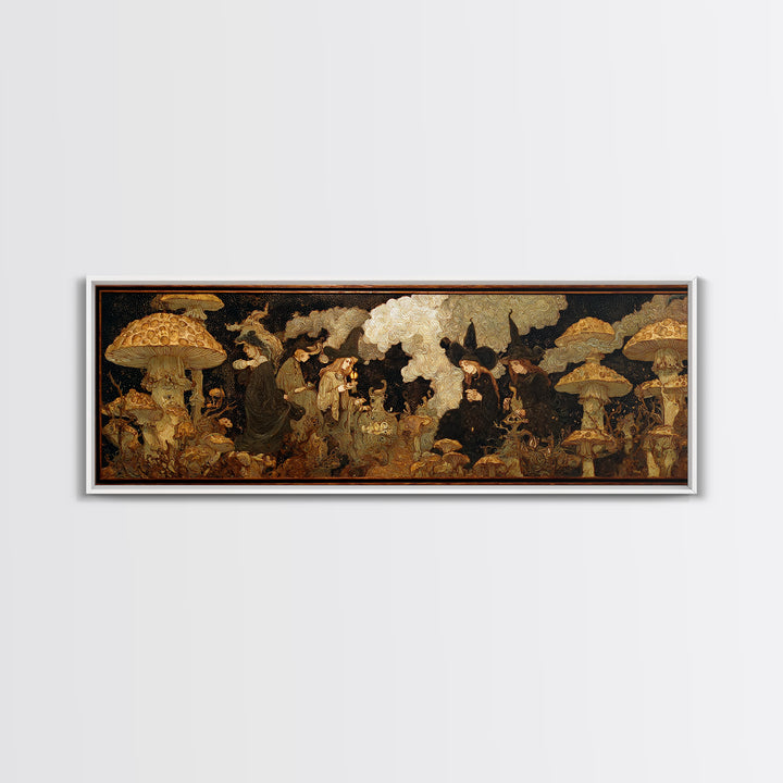 The Moonlit Mushroom Village, Dark Symbolist Art, Extra Wide Wall Art, Gothic Horror Wall Art, Canvas Print, Halloween Wall Art