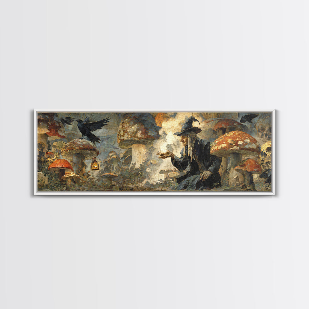 The Moonlit Mushroom Village, Symbolist Etching Art, Extra Wide Wall Art, Gothic Horror Wall Art, Canvas Print, Halloween Wall Art