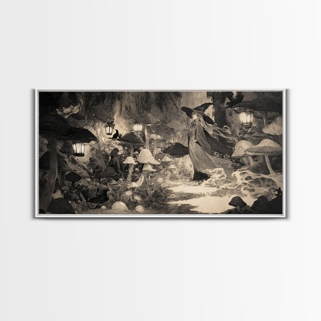 The Moonlit Mushroom Village, Expressionist Nightmare Art, Wide Panoramic Art, Gothic Horror Wall Art, Canvas Print, Halloween Wall Art