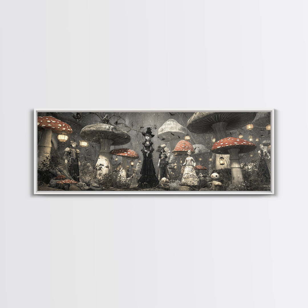 The Moonlit Mushroom Village, Expressionist Gothic Art, Extra Wide Wall Art, Dark Fantasy Wall Art, Framed Canvas Print, Halloween Wall Art