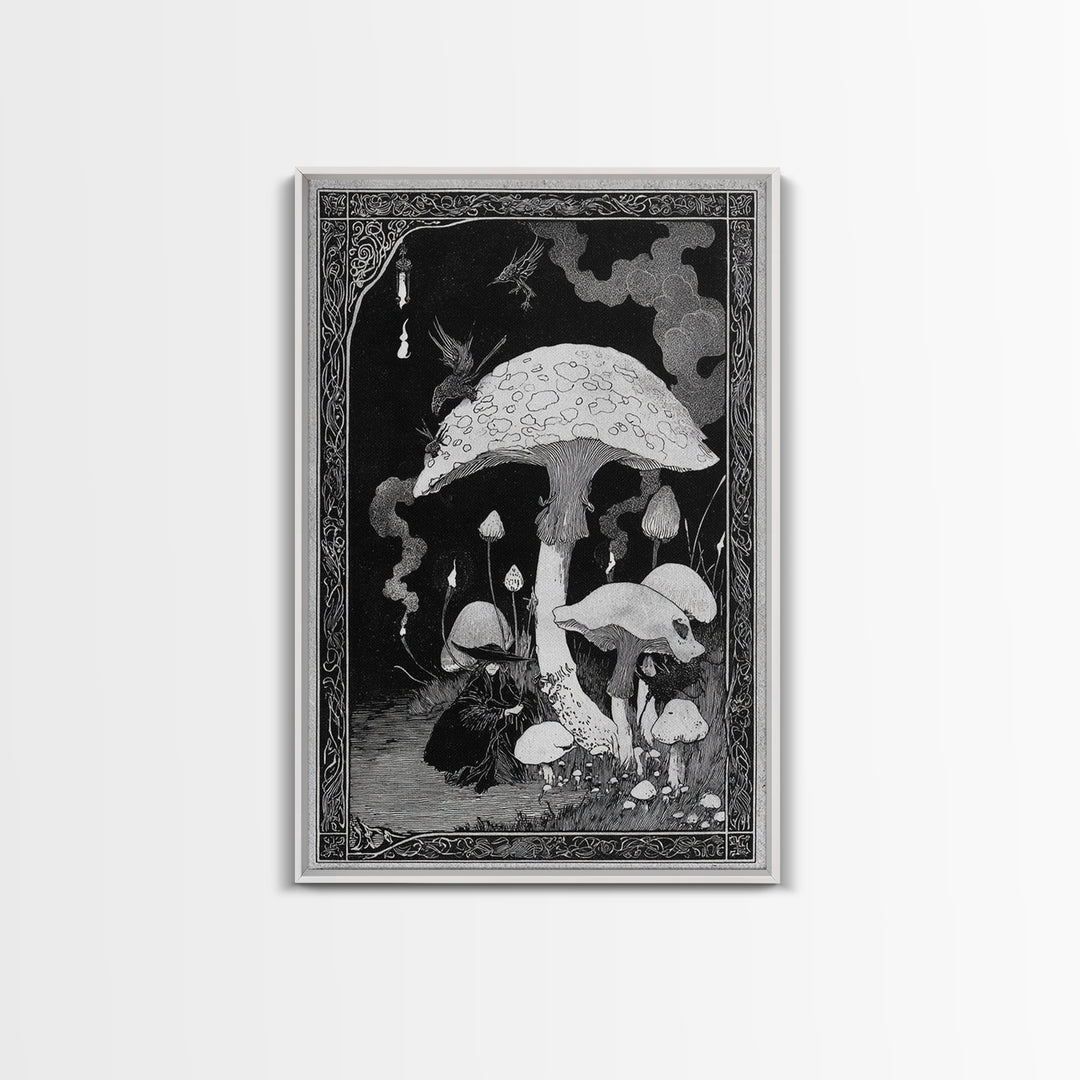 The Moonlit Mushroom Village, Decadent Line Art, Vertical Wall Art, Macabre Wall Art, Framed Canvas Print, Halloween Wall Art