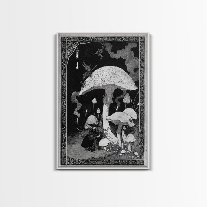 The Moonlit Mushroom Village, Decadent Line Art, Vertical Wall Art, Macabre Wall Art, Framed Canvas Print, Halloween Wall Art