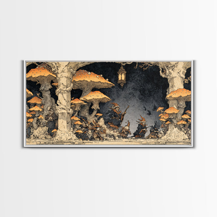 The Moonlit Mushroom Village, Gothic Storybook Art, Wide Panoramic Art, Gothic Horror Wall Art, Canvas Print, Halloween Wall Art