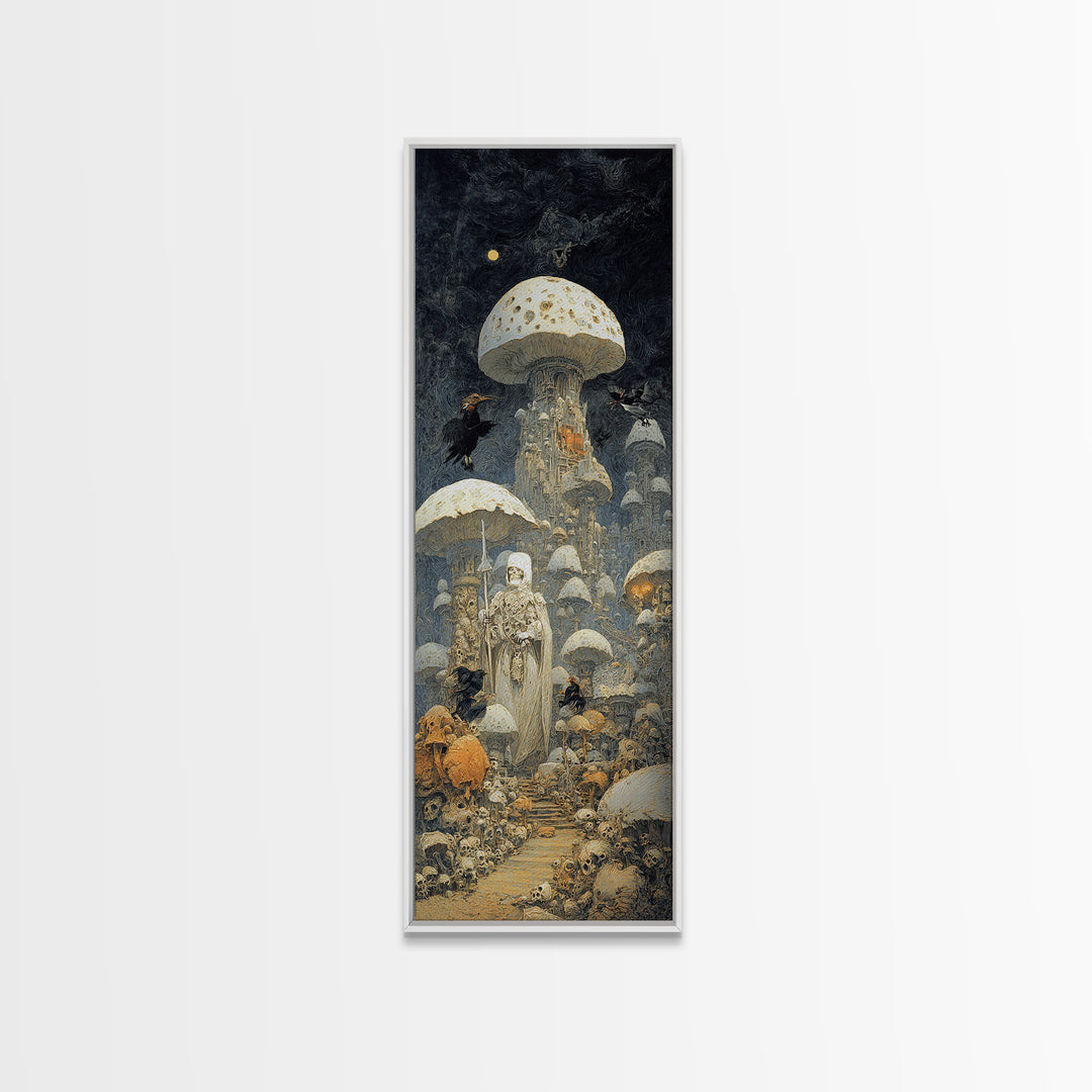The Moonlit Mushroom Village, Surreal Apocalyptic Art, Tall Narrow Wall Art, Gothic Horror Wall Art, Framed Canvas Print