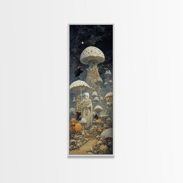 The Moonlit Mushroom Village, Surreal Apocalyptic Art, Tall Narrow Wall Art, Gothic Horror Wall Art, Framed Canvas Print