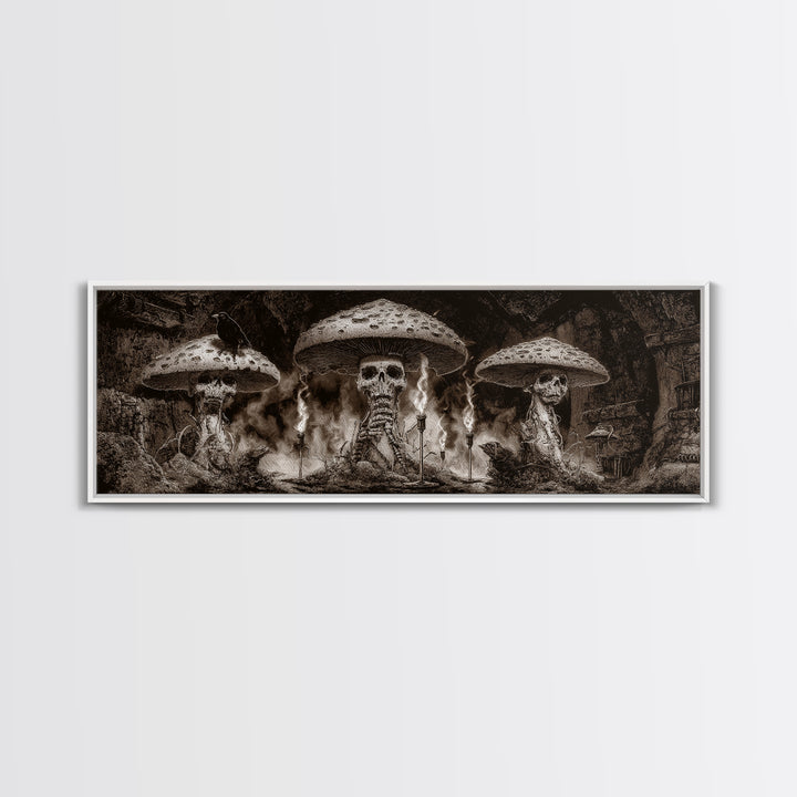 The Moonlit Mushroom Village, Biomechanical Horror Art, Extra Wide Wall Art, Gothic Horror Wall Art, Canvas Print, Halloween Wall Art