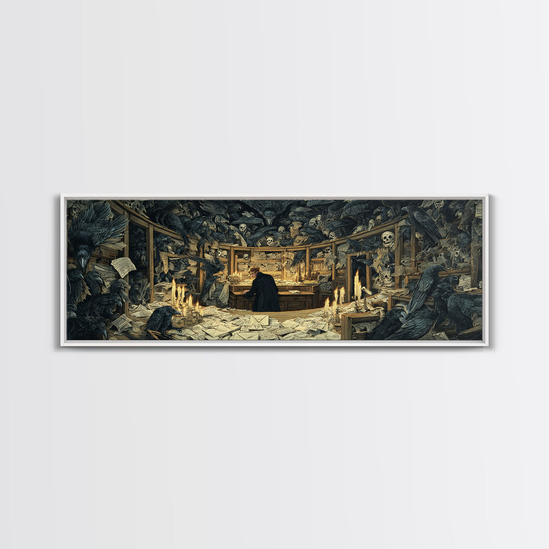 The Raven Post Office, Dark Renaissance Art, Extra Wide Wall Art, Gothic Horror Wall Art, Framed Canvas Print, Halloween Wall Art