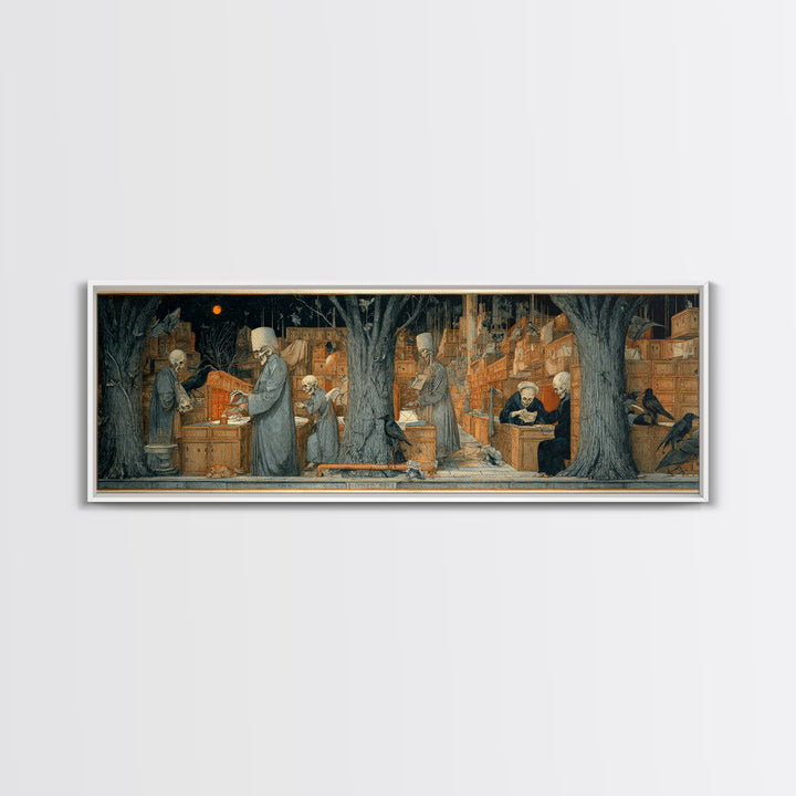 The Raven Post Office, Danse Macabre Art, Extra Wide Wall Art, Dark Fantasy Wall Art, Canvas Print, Halloween Wall Art