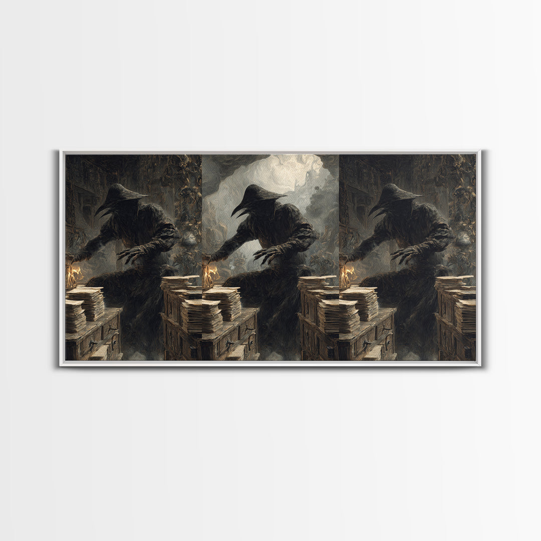 The Raven Post Office, Baroque Witchcraft Art, Wide Panoramic Art, Macabre Wall Art, Framed Canvas Print, Halloween Wall Art
