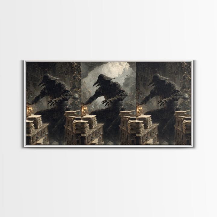The Raven Post Office, Baroque Witchcraft Art, Wide Panoramic Art, Macabre Wall Art, Framed Canvas Print, Halloween Wall Art
