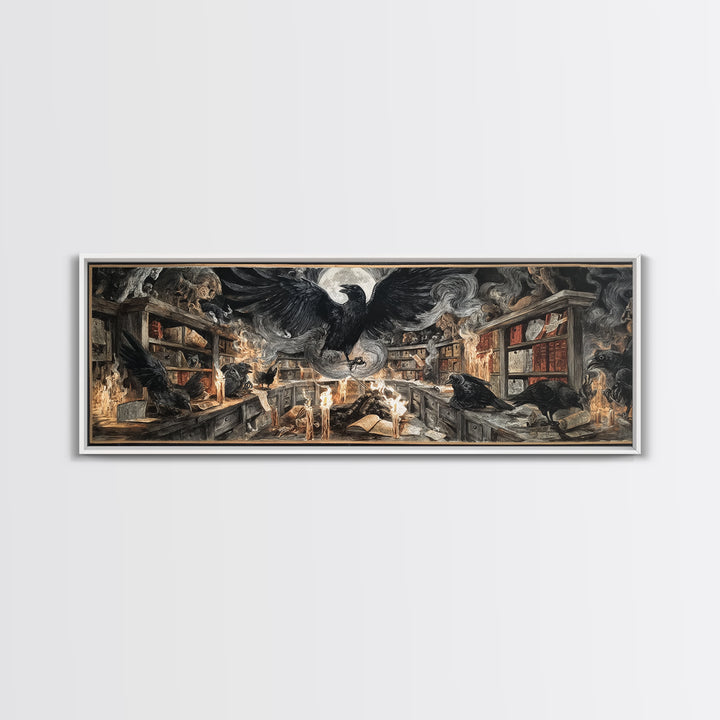 The Raven Post Office, Visionary Gothic Art, Extra Wide Wall Art, Macabre Wall Art, Framed Canvas Print, Halloween Wall Art
