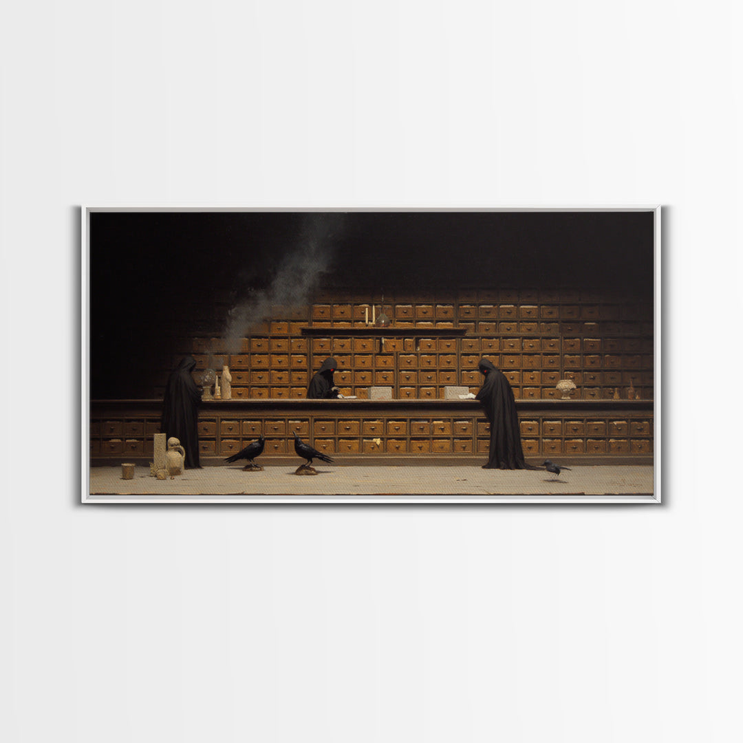 The Raven Post Office, Symbolist Gothic Landscape, Wide Panoramic Art, Macabre Wall Art, Framed Canvas Print, Halloween Wall Art