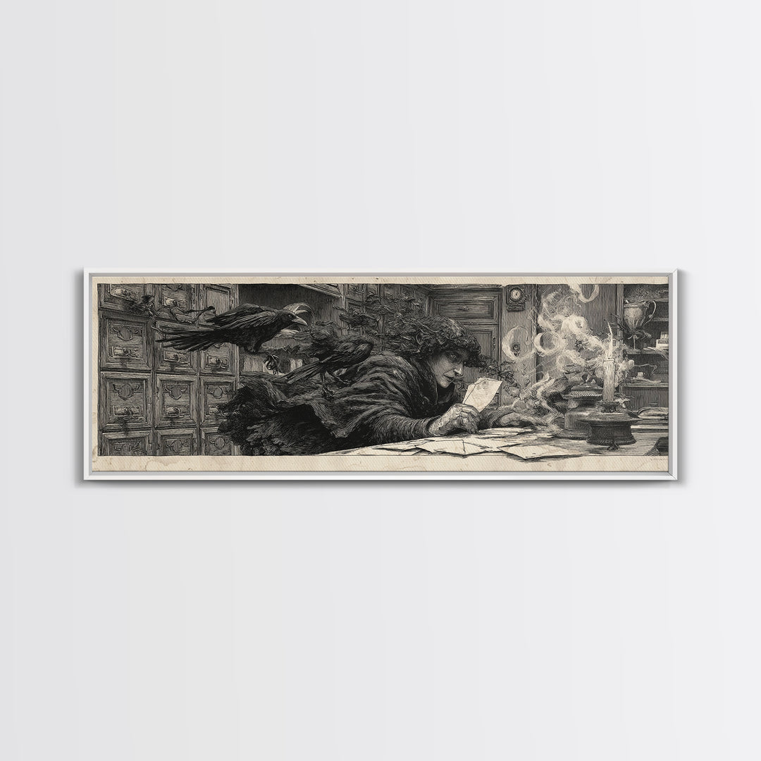 The Raven Post Office, Symbolist Etching Art, Extra Wide Wall Art, Dark Fantasy Wall Art, Canvas Print, Halloween Wall Art