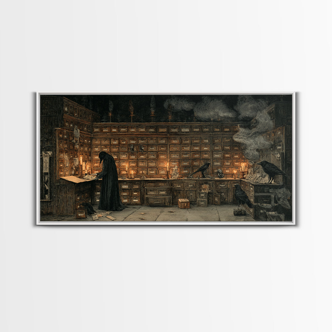 The Raven Post Office, Expressionist Nightmare Art, Wide Panoramic Art, Dark Fantasy Wall Art, Framed Canvas Print, Halloween Wall Art