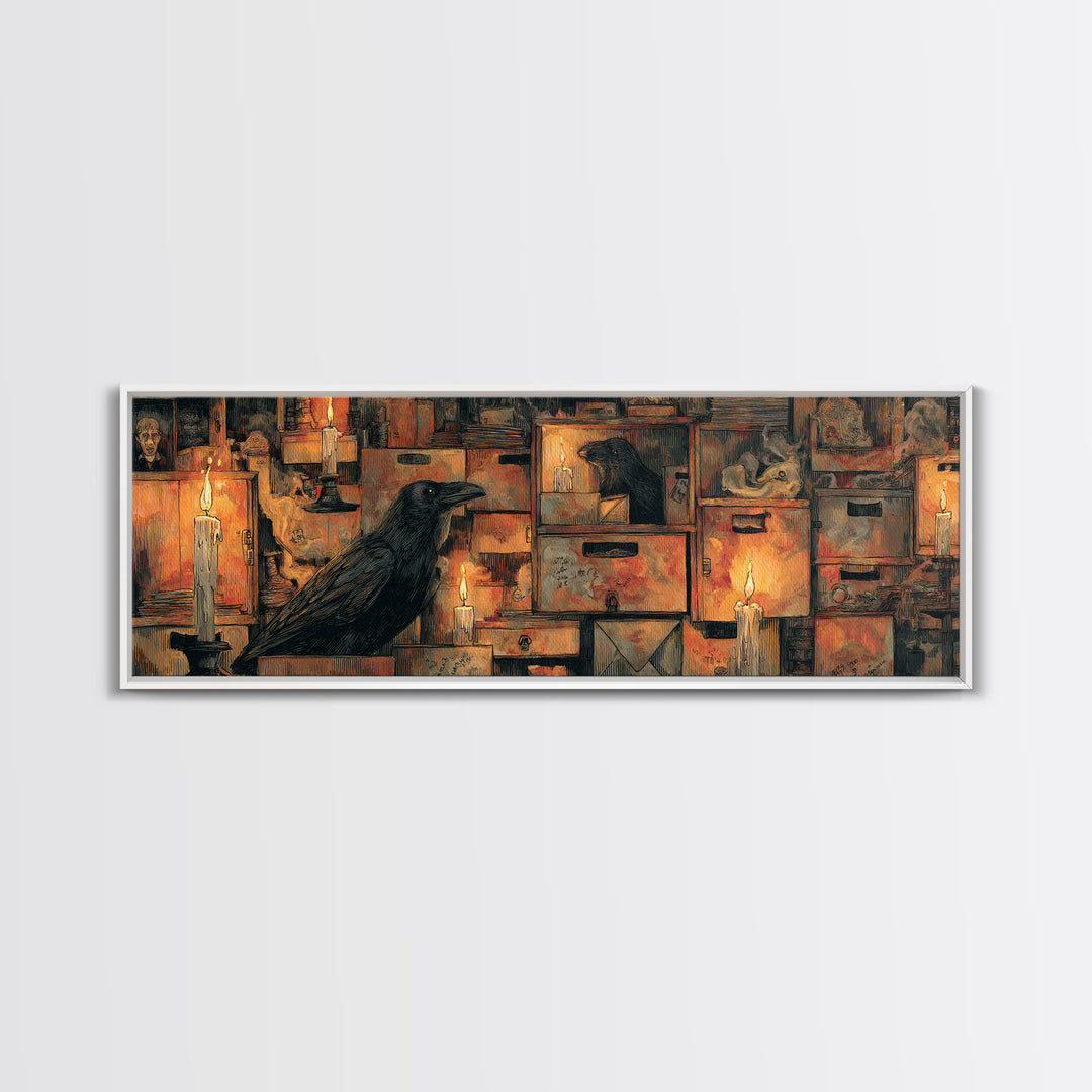 The Raven Post Office, Expressionist Gothic Art, Extra Wide Wall Art, Macabre Wall Art, Framed Canvas Print, Halloween Wall Art