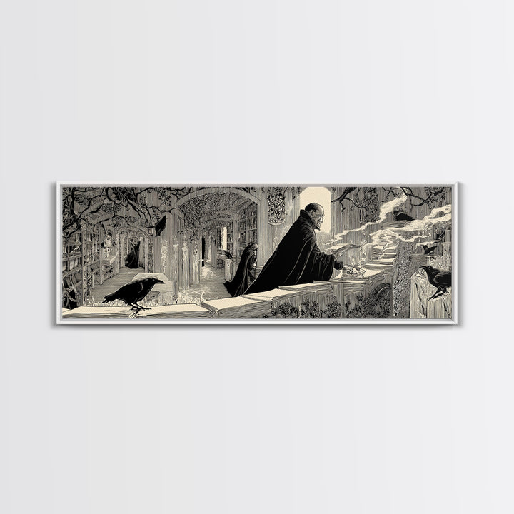 The Raven Post Office, Decadent Line Art, Extra Wide Wall Art, Macabre Wall Art, Framed Canvas Print, Halloween Wall Art