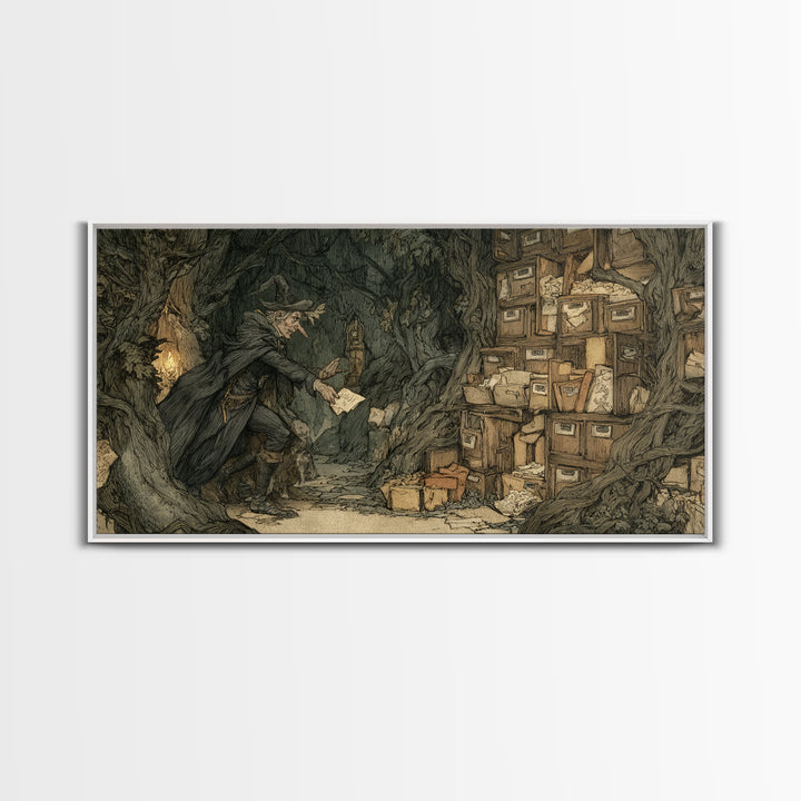 The Raven Post Office, Gothic Storybook Art, Wide Panoramic Art, Macabre Wall Art, Framed Canvas Print, Halloween Wall Art