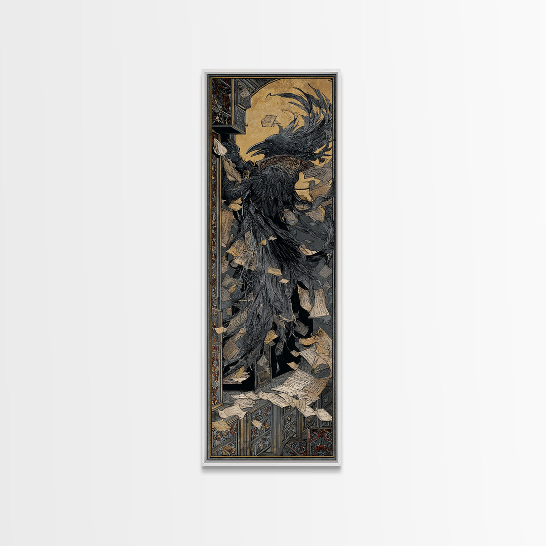 The Raven Post Office, Stained Glass Gothic Art, Tall Narrow Wall Art, Dark Fantasy Wall Art, Framed Canvas Print, Halloween Wall Art