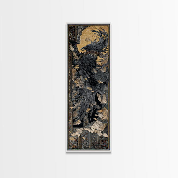 The Raven Post Office, Stained Glass Gothic Art, Tall Narrow Wall Art, Dark Fantasy Wall Art, Framed Canvas Print, Halloween Wall Art