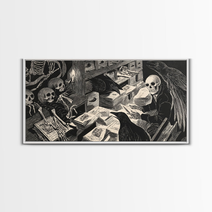 The Raven Post Office, Macabre Folk Print Art, Wide Panoramic Art, Gothic Horror Wall Art, Canvas Print, Halloween Wall Art