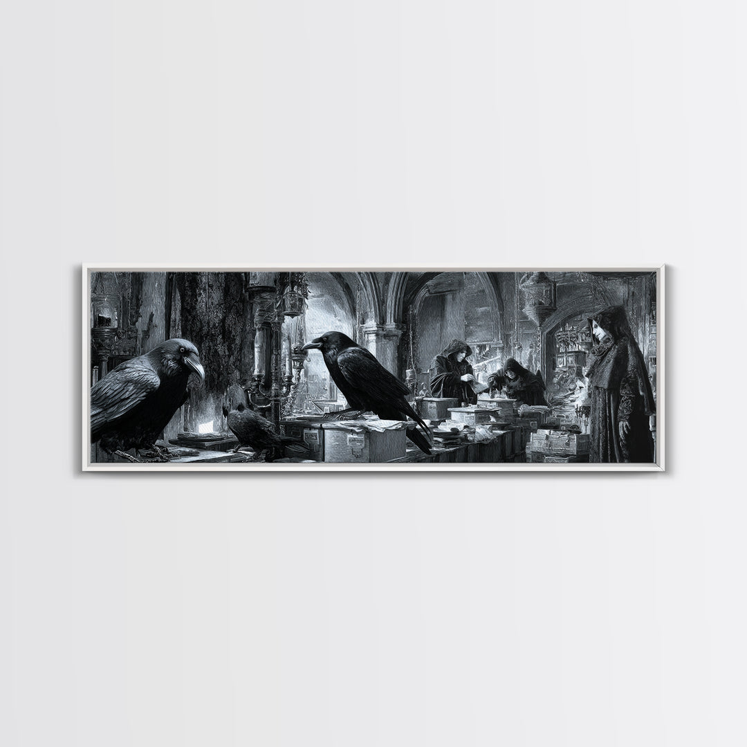 The Raven Post Office, Biomechanical Horror Art, Extra Wide Wall Art, Dark Halloween Decor, Framed Canvas Print, Halloween Wall Art