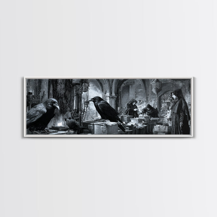 The Raven Post Office, Biomechanical Horror Art, Extra Wide Wall Art, Dark Halloween Decor, Framed Canvas Print, Halloween Wall Art