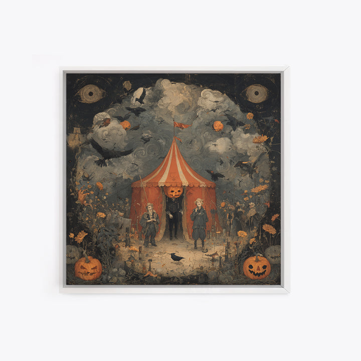 The Jack-O'-Lantern Circus, Symbolist Dream Art, Square Wall Art, Dark Halloween Decor, Framed Canvas Print, Halloween Wall Art