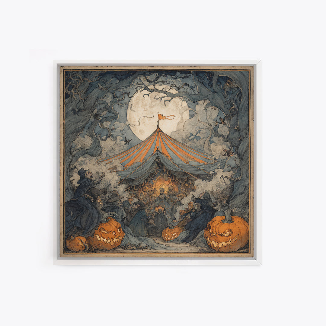 The Jack-O'-Lantern Circus, Gothic Storybook Art, Square Wall Art, Dark Halloween Decor, Framed Canvas Print, Halloween Wall Art