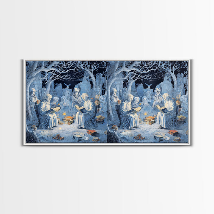 The Graveyard Book Club, Northern Renaissance Horror, Wide Panoramic Art, Macabre Wall Art, Framed Canvas Print