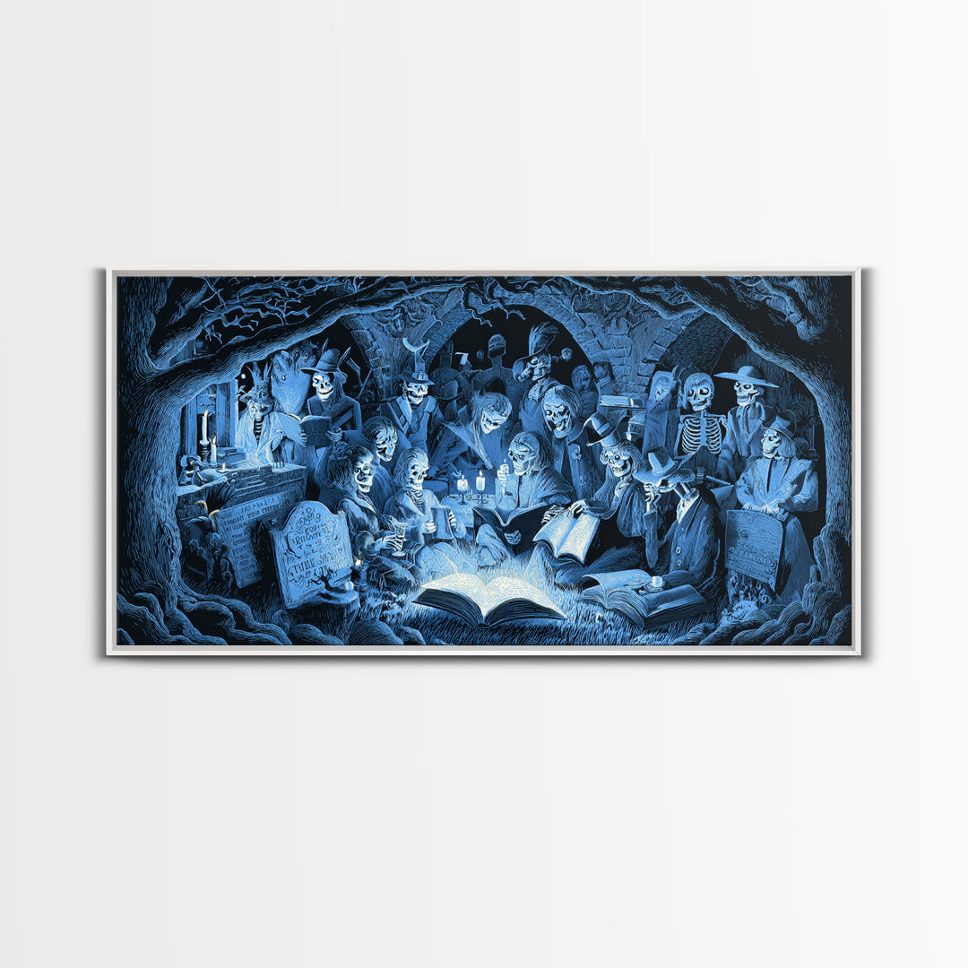 The Graveyard Book Club, Macabre Folk Print Art, Wide Panoramic Art, Macabre Wall Art, Canvas Print, Halloween Wall Art